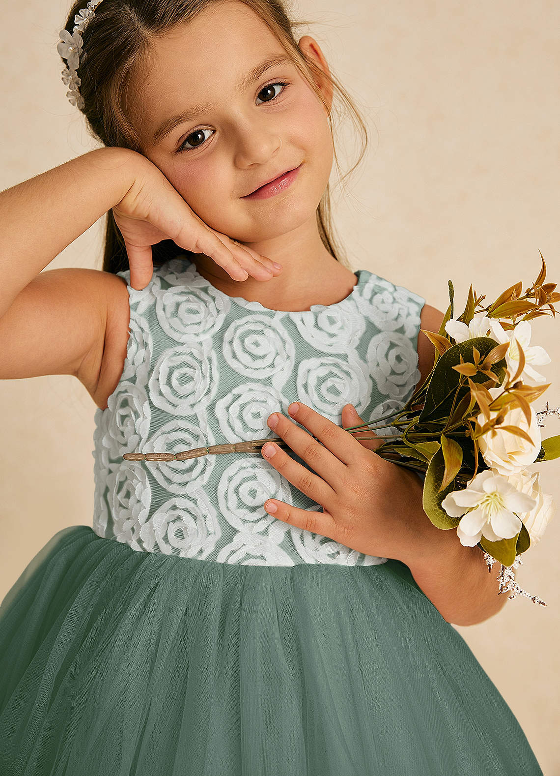 Azazie Missy Flower Girl Dresses Ivory Eucalyptus A-Line Sleeveless Tulle Dress image1