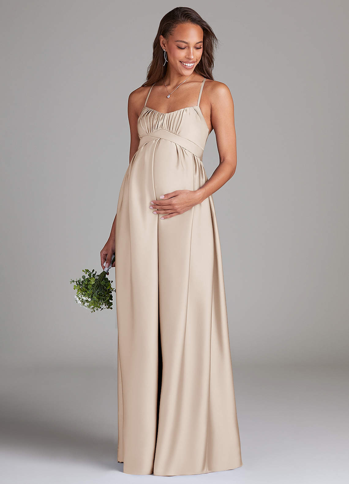 Azazie Llana Maternity Bridesmaid Dresses A-Line Stretch Satin Floor-Length Dress with Pockets image1