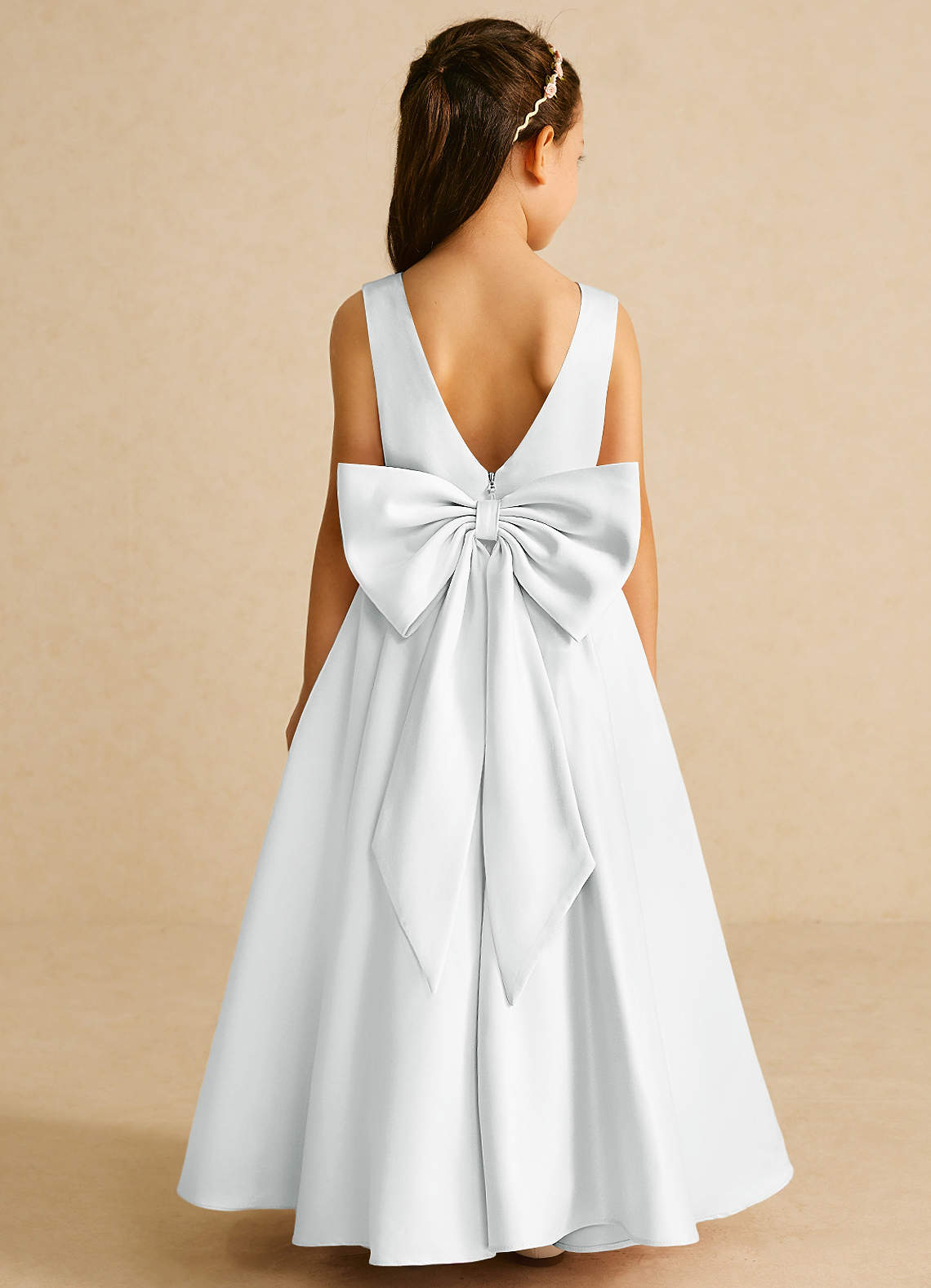 Azazie Pipsy Flower Girl Dresses Diamond White A-Line Bow Matte Satin Dress image1