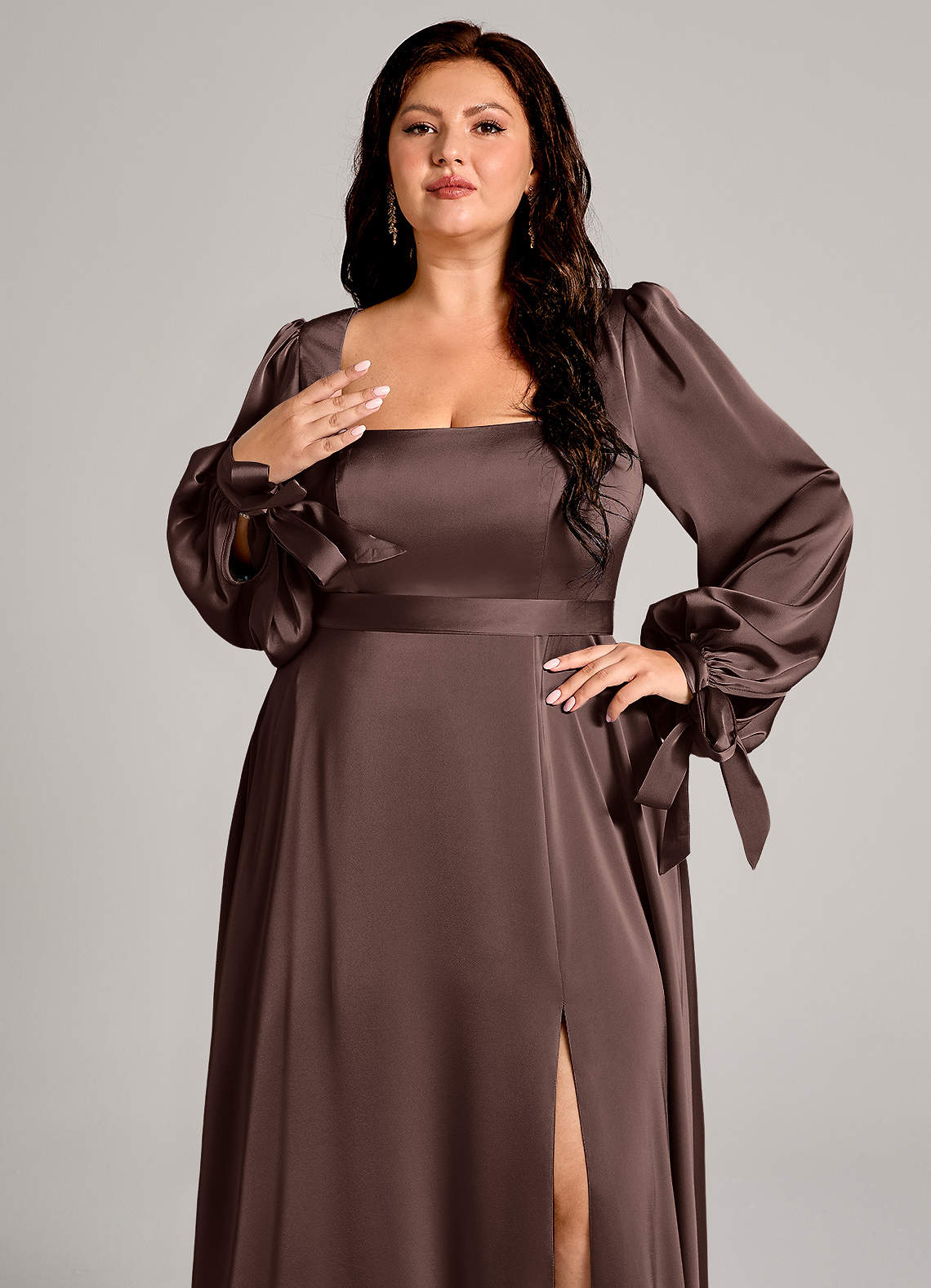 Azazie Leonia Bridesmaid Dresses Ganache A-Line Long Sleeve Stretch Satin Dress image8