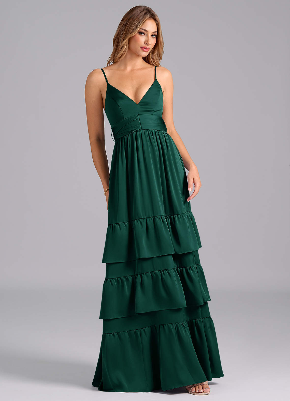 Azazie Nathalia Bridesmaid Dresses Emerald A-Line Pleated Stretch Satin Dress image1