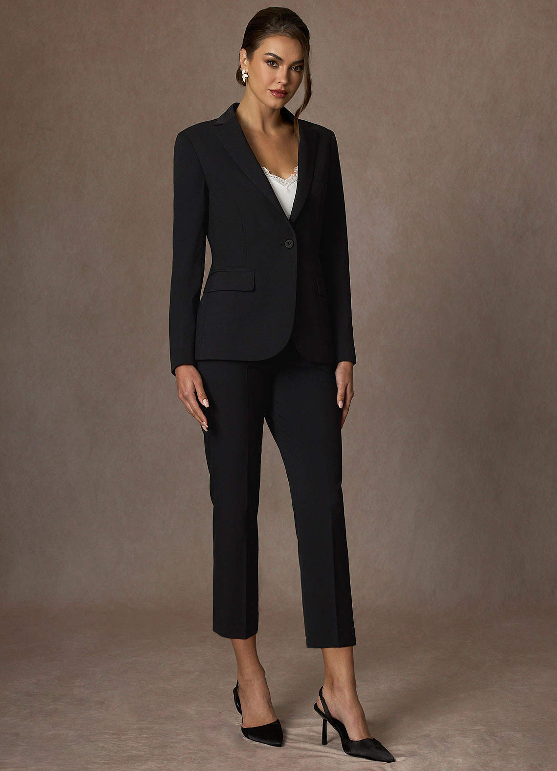 front Charlotte Black Refined Weave Pants Suit