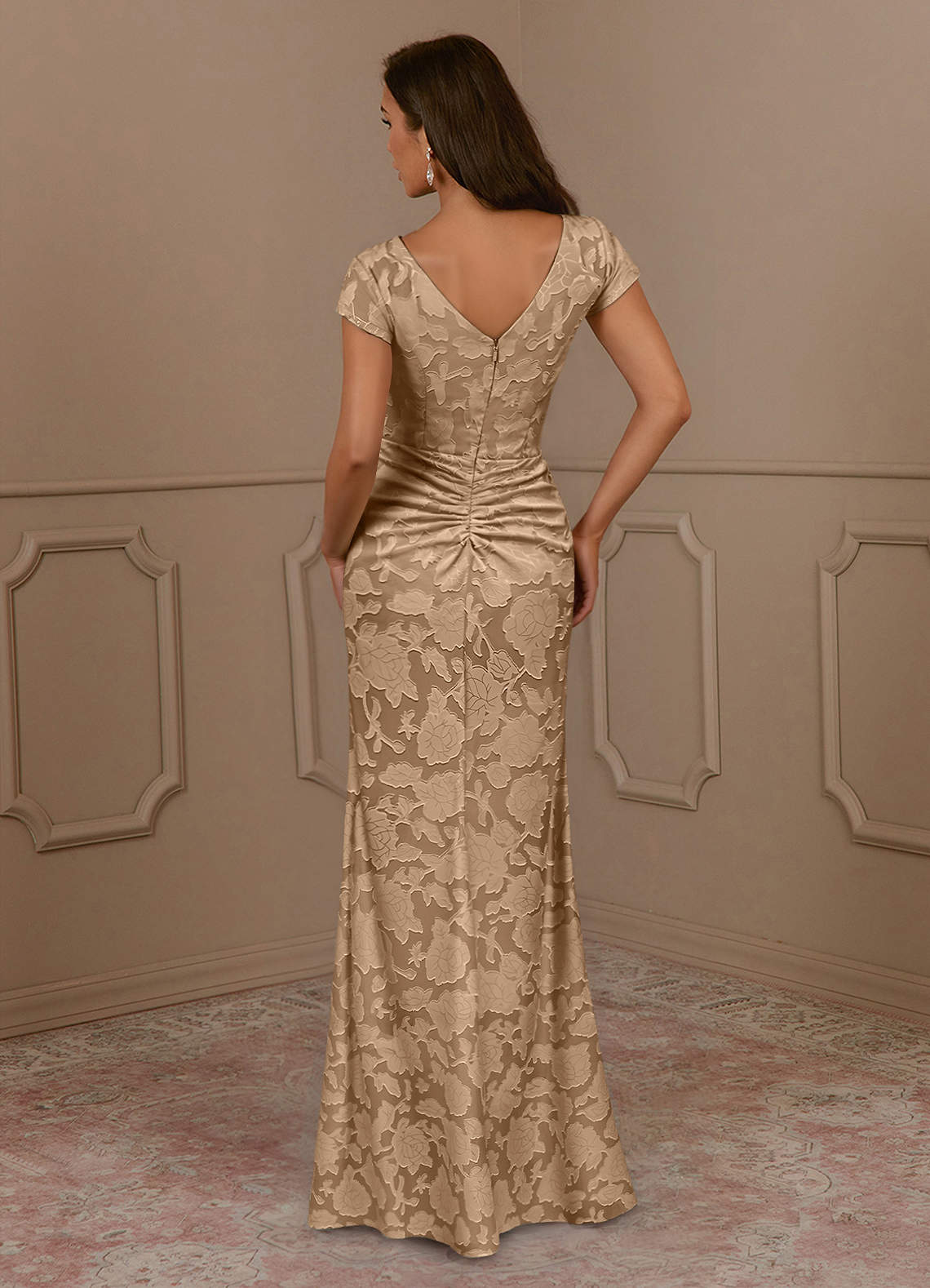 Azazie Roya Mother of the Bride Dresses Champagne Mermaid Ruched Floral Burnout Dress image3