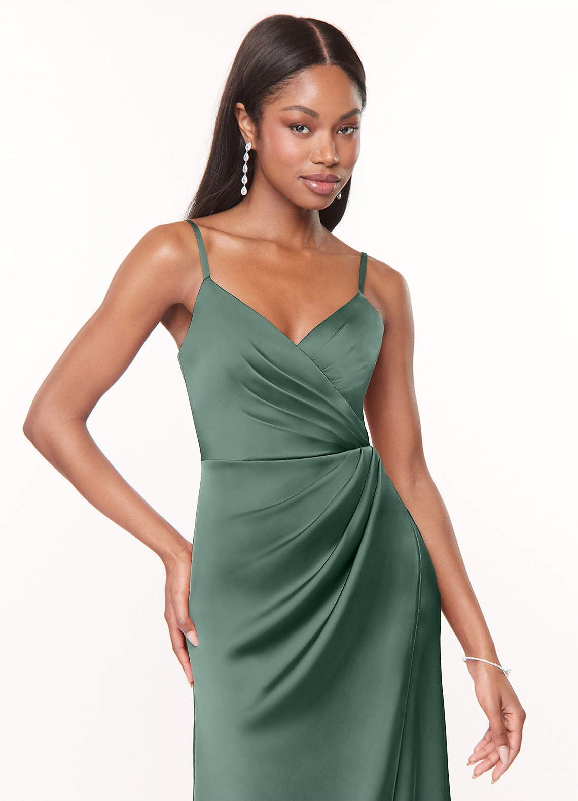 Azazie Maci Bridesmaid Dresses Eucalyptus A-Line V-Neck Pleated Stretch Satin Dress image4