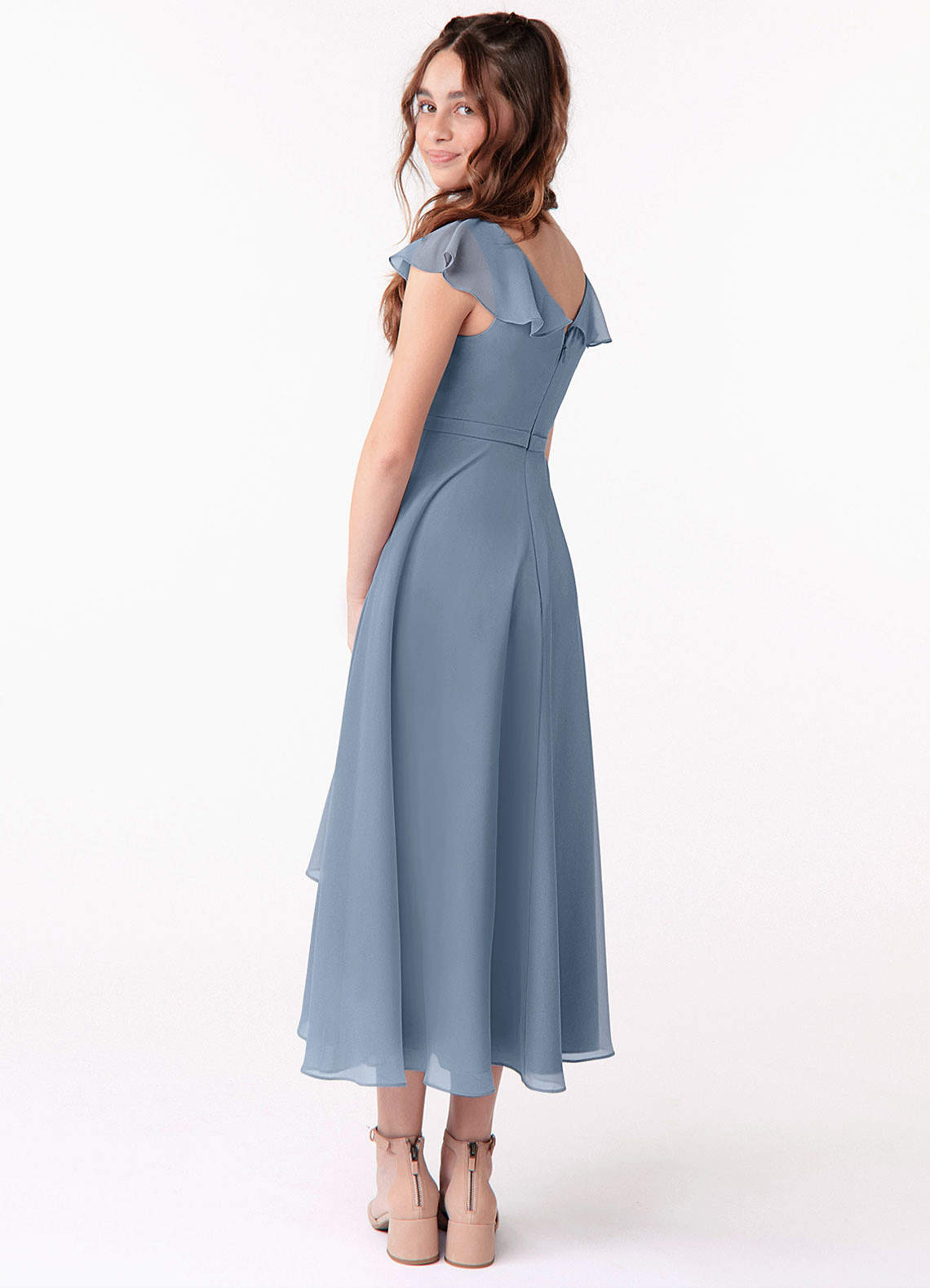 Azazie Posie Junior Dusty Blue A-Line Ruched Chiffon Dress image1