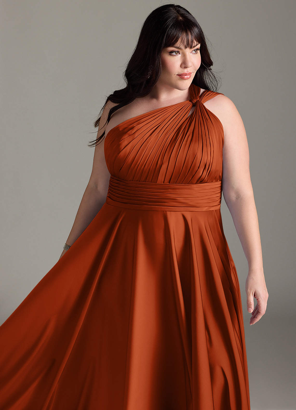 Azazie Charlize Bridesmaid Dresses Burnt Orange A-Line One Shoulder Stretch Satin Dress image14