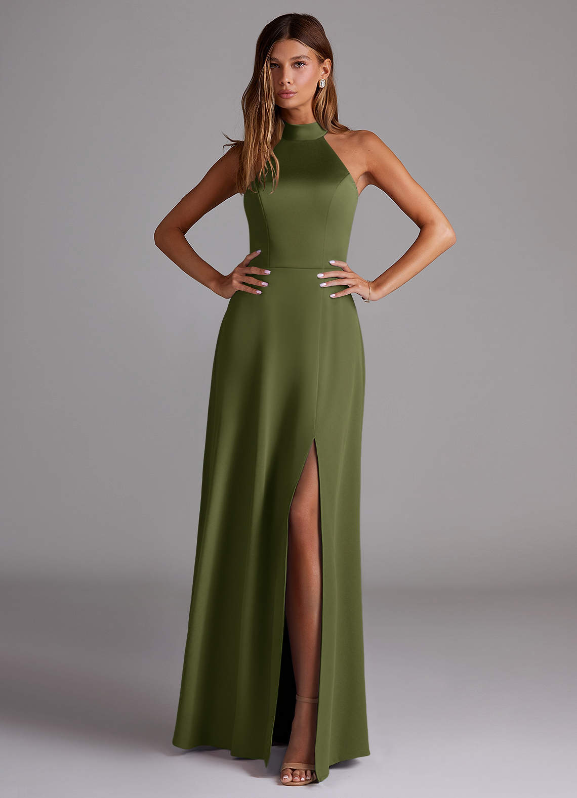 Azazie Myra Vestidos de madrinha de casamento Vestido Oliva de Cetim elástico de Linha A com Gola Alta image2