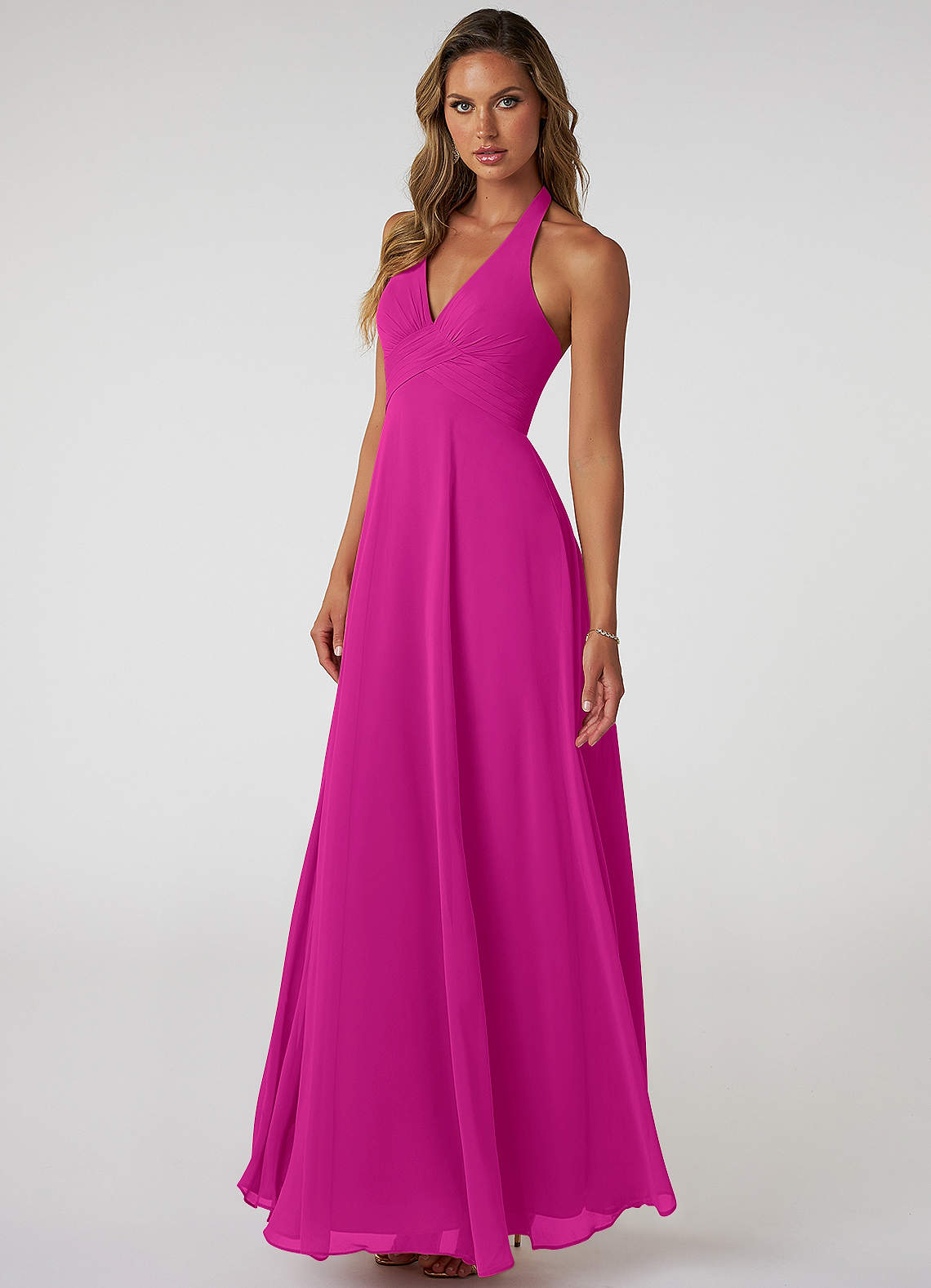 Azazie Tessie Vestidos de damas de honor Vestido de Fucsia de Gasa de Corte en A con Cuello en V plisado image2