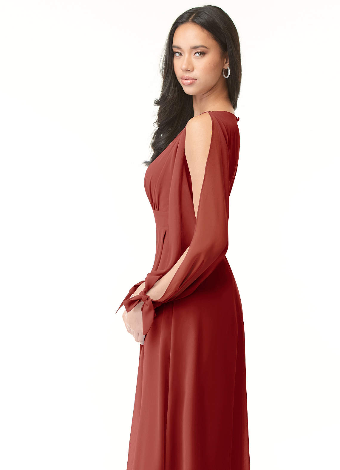 Terracotta Chiffon A-Line Floor Length Bridesmaid Dress With Ruffles