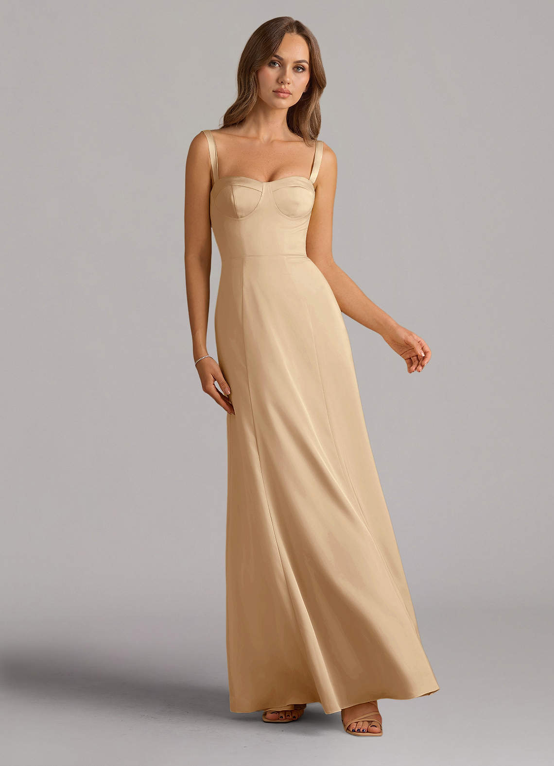 Azazie Amaris Bridesmaid Dresses Champagne A-Line Corset Stretch Satin Dress image1