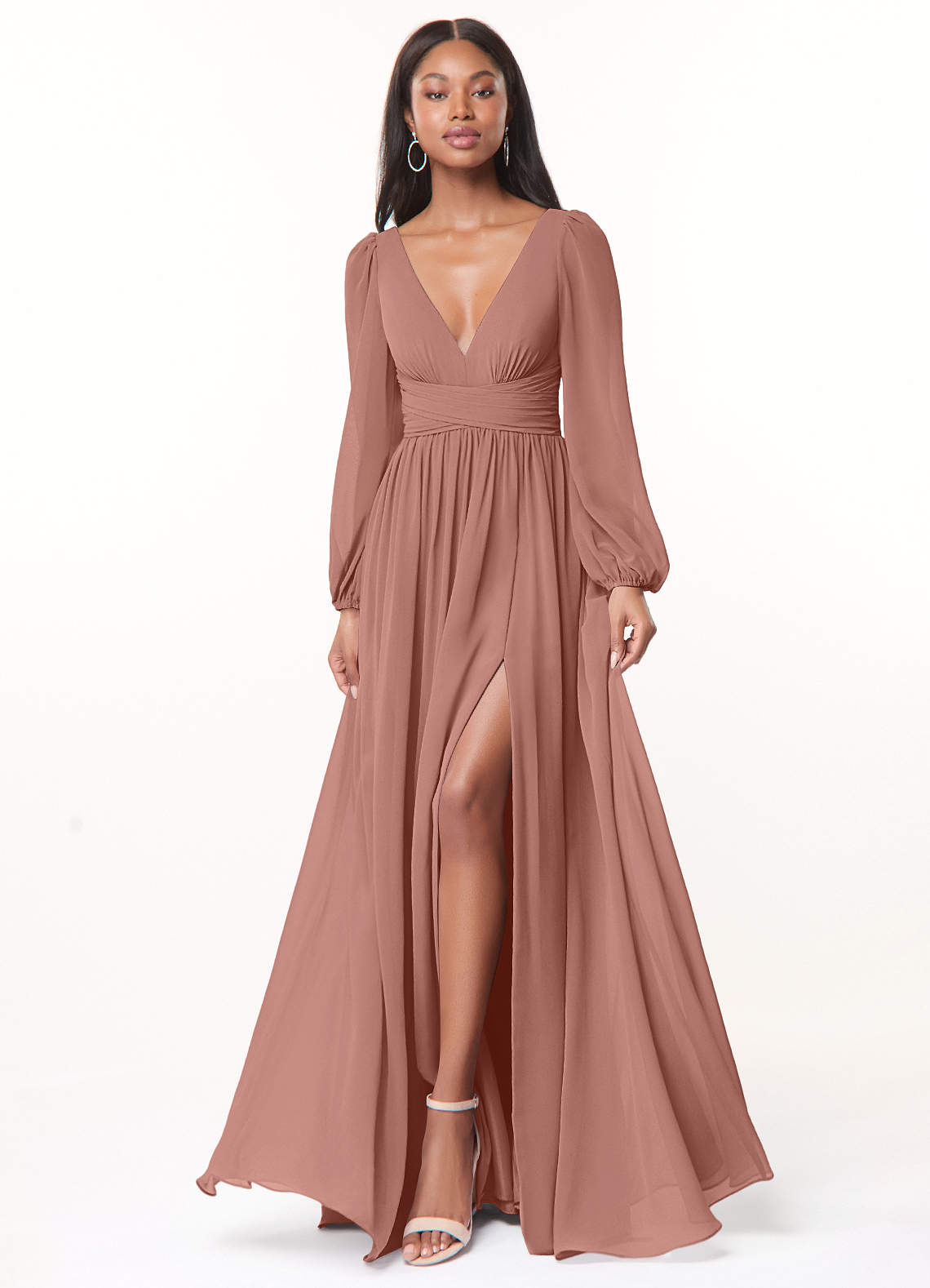 Azazie Norah Bridesmaid Dresses Cedar Rose A-Line V-Neck Long Sleeve Chiffon Dress image1