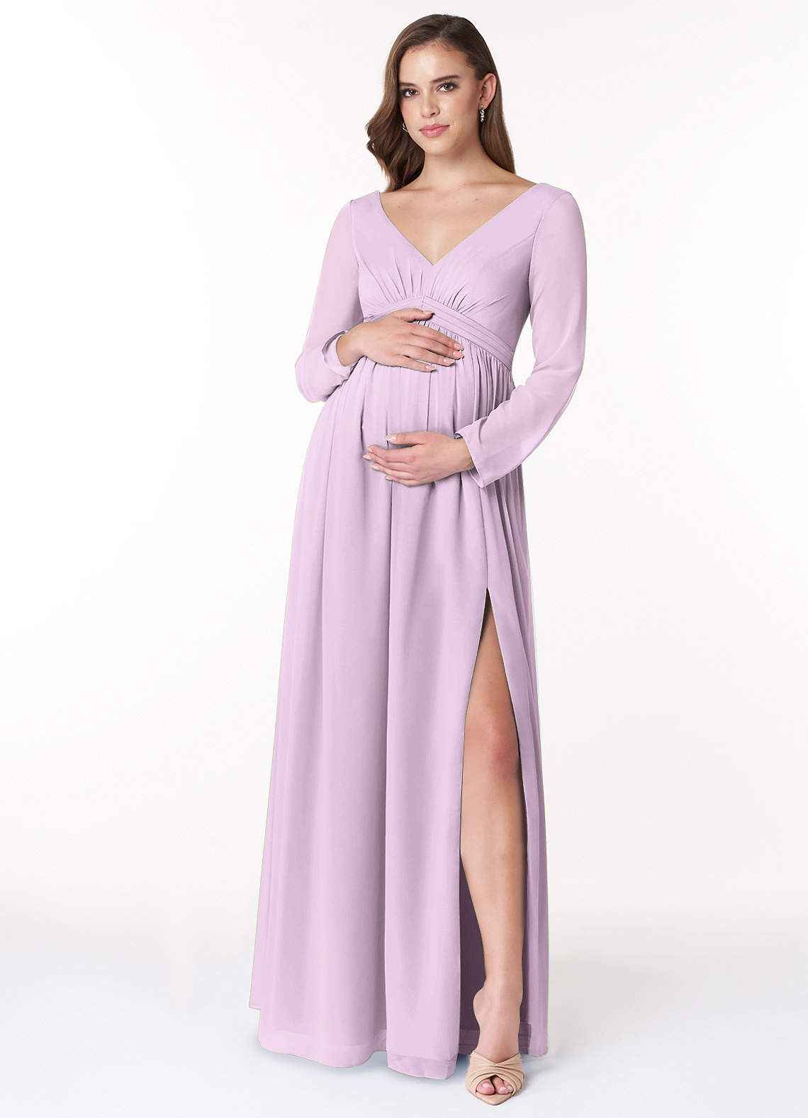 Azazie Teton Zwangerschaps Bruidsmeisjekleding A-Lijn Lange mouw Chiffon Vloerlengte Jurk image1