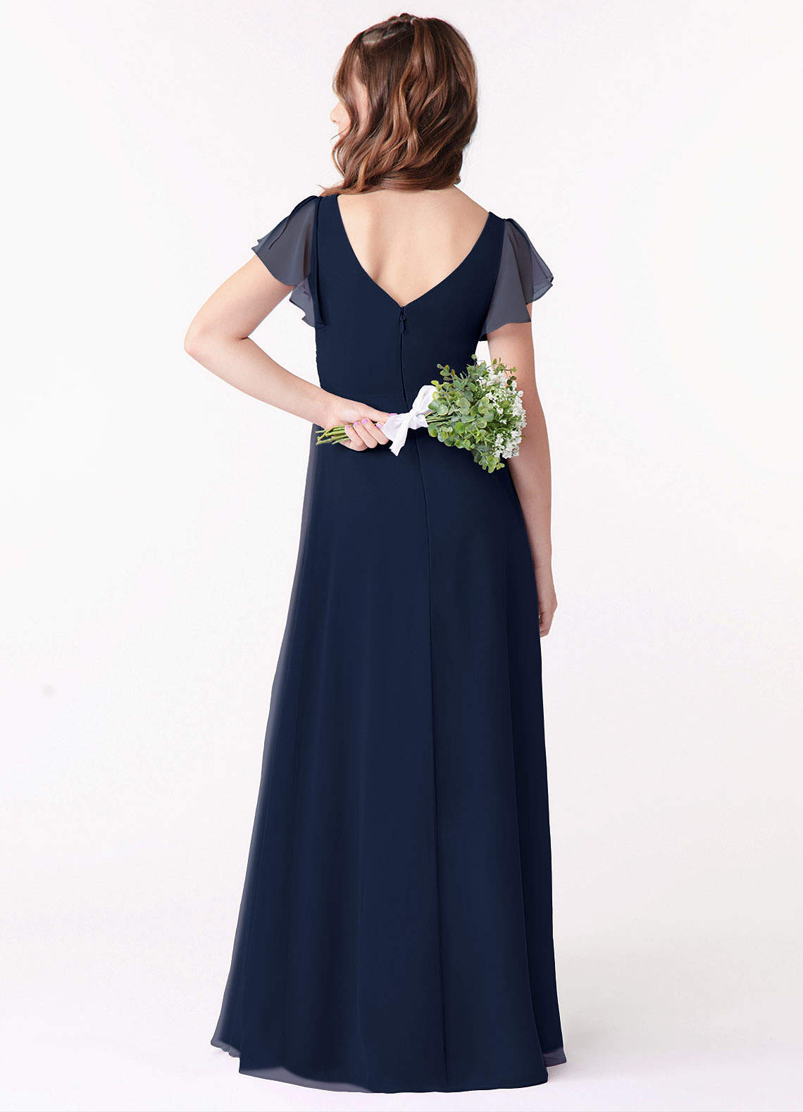 Azazie Omari Junior Dark Navy A-Line Ruched Chiffon Dress image1