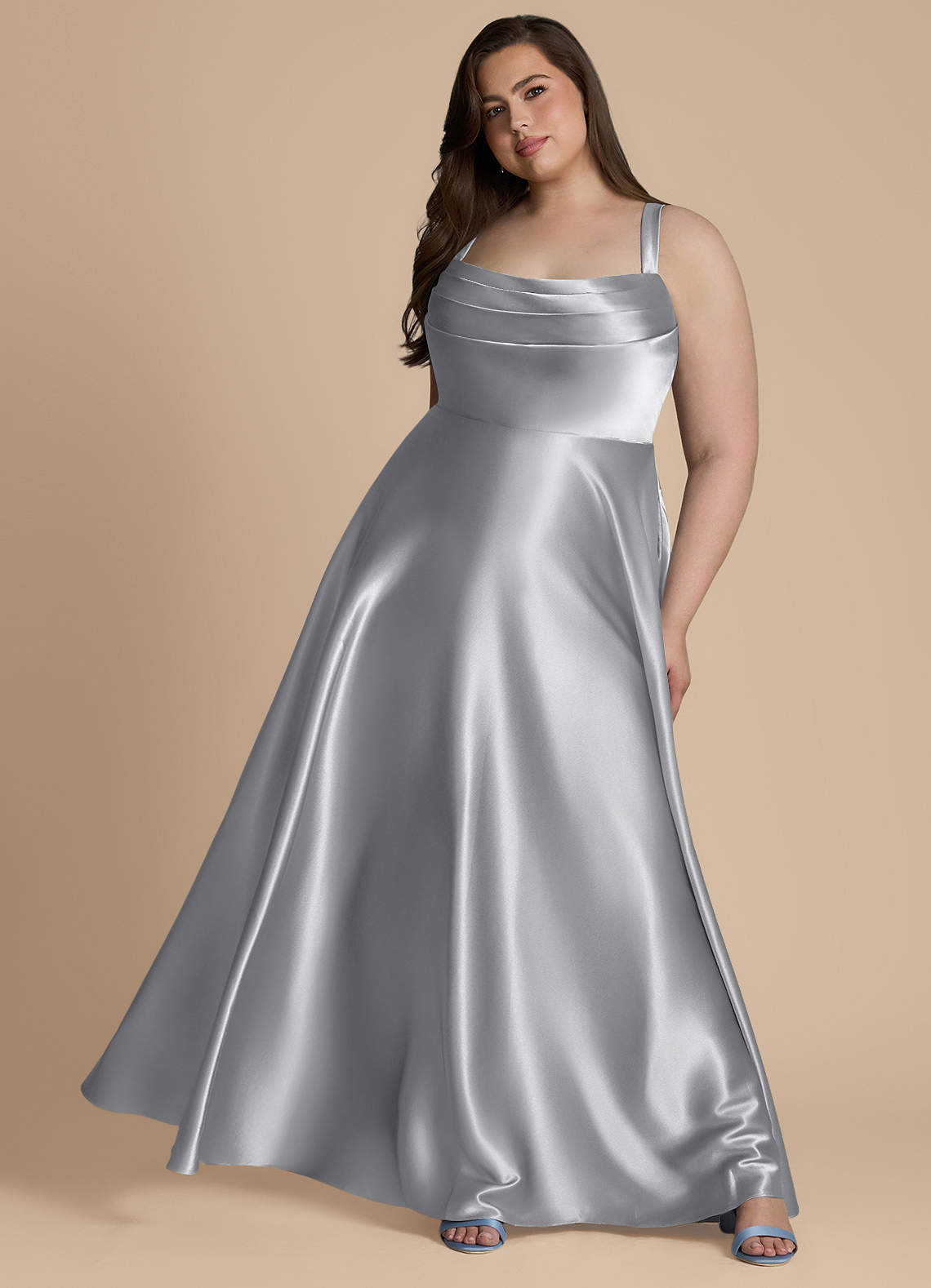 Azazie Shaude Bridesmaid Dresses Silver A-Line Pleated Metallic Satin Dress image10