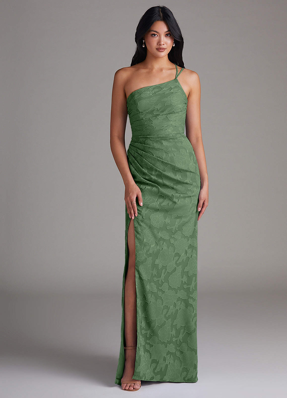 Azazie Eren Bridesmaid Dresses Eucalyptus Sheath One Shoulder Floral Burnout Dress image1