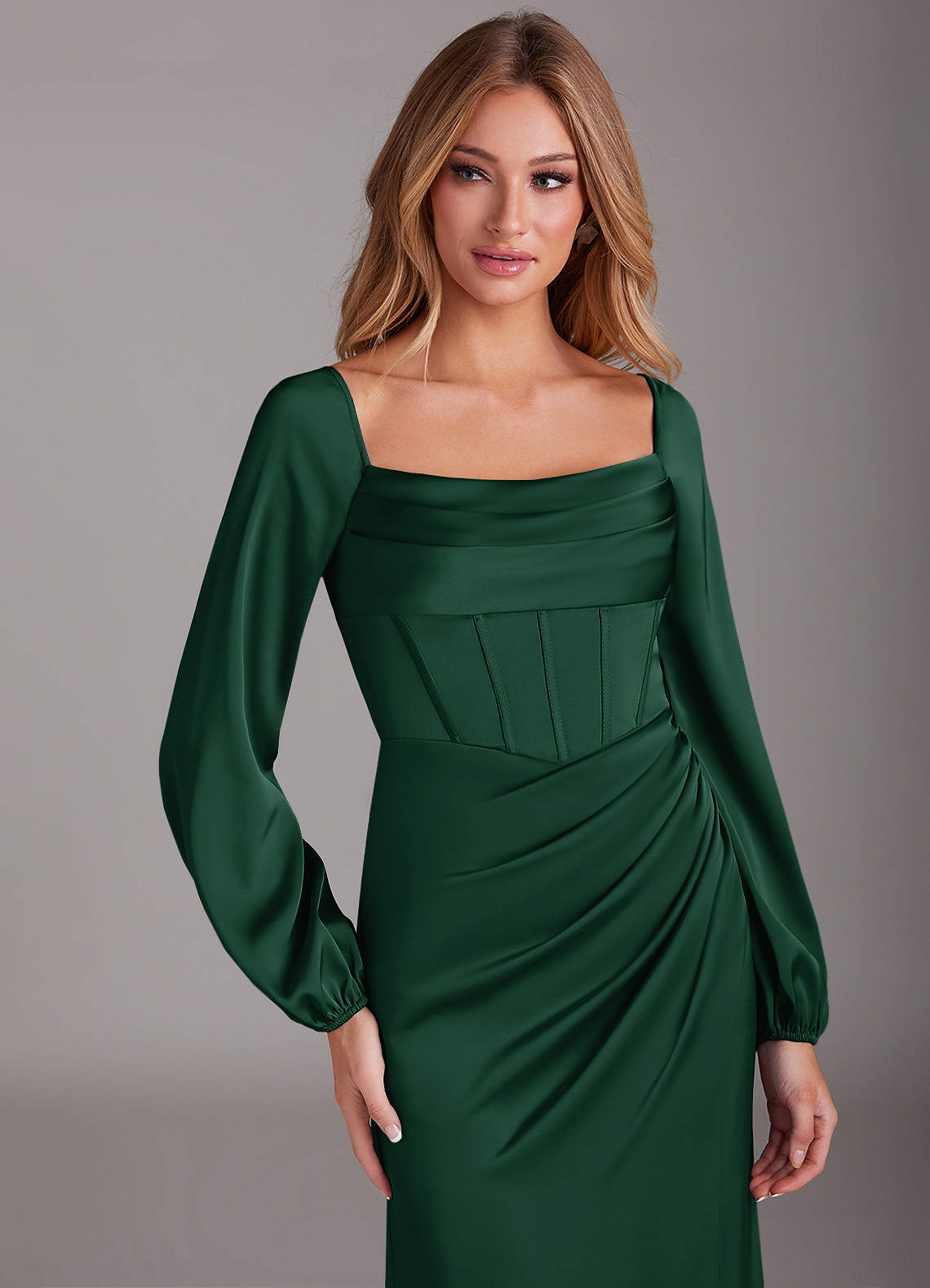 Azazie Sheath Cowl Long Sleeve Floor-Length Stretch Satin Bridesmaid Dresses - Dark Green