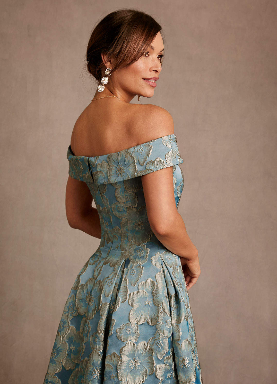 Azazie Centralia Mother of the Bride Dresses Lake Blue Jacquard A-Line Off the Shoulder Floral Jacquard Dress image5