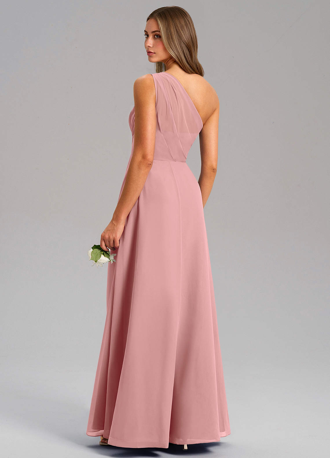 Azazie Phaedra Bridesmaid Dresses Dusty Rose A-Line One Shoulder Chiffon Dress image6