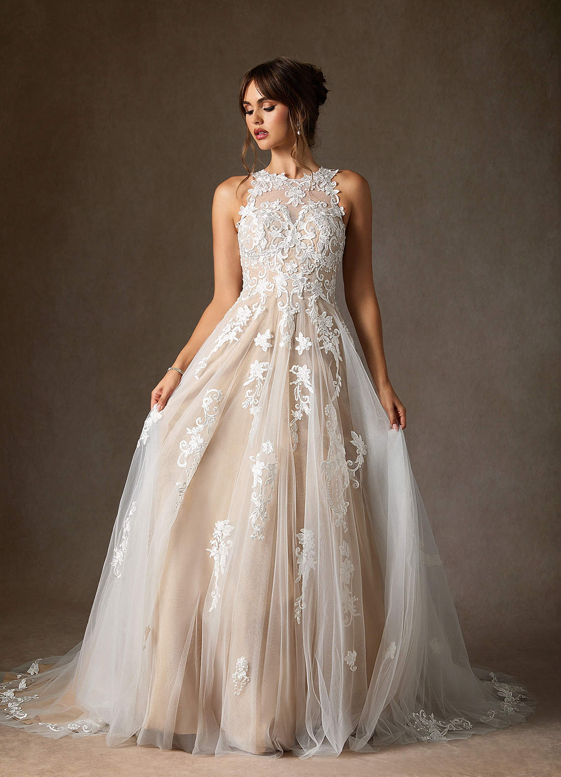 Azazie Melrose Wedding Dresses Diamond White Nude A-Line Sweetheart Lace Tulle Dress image1