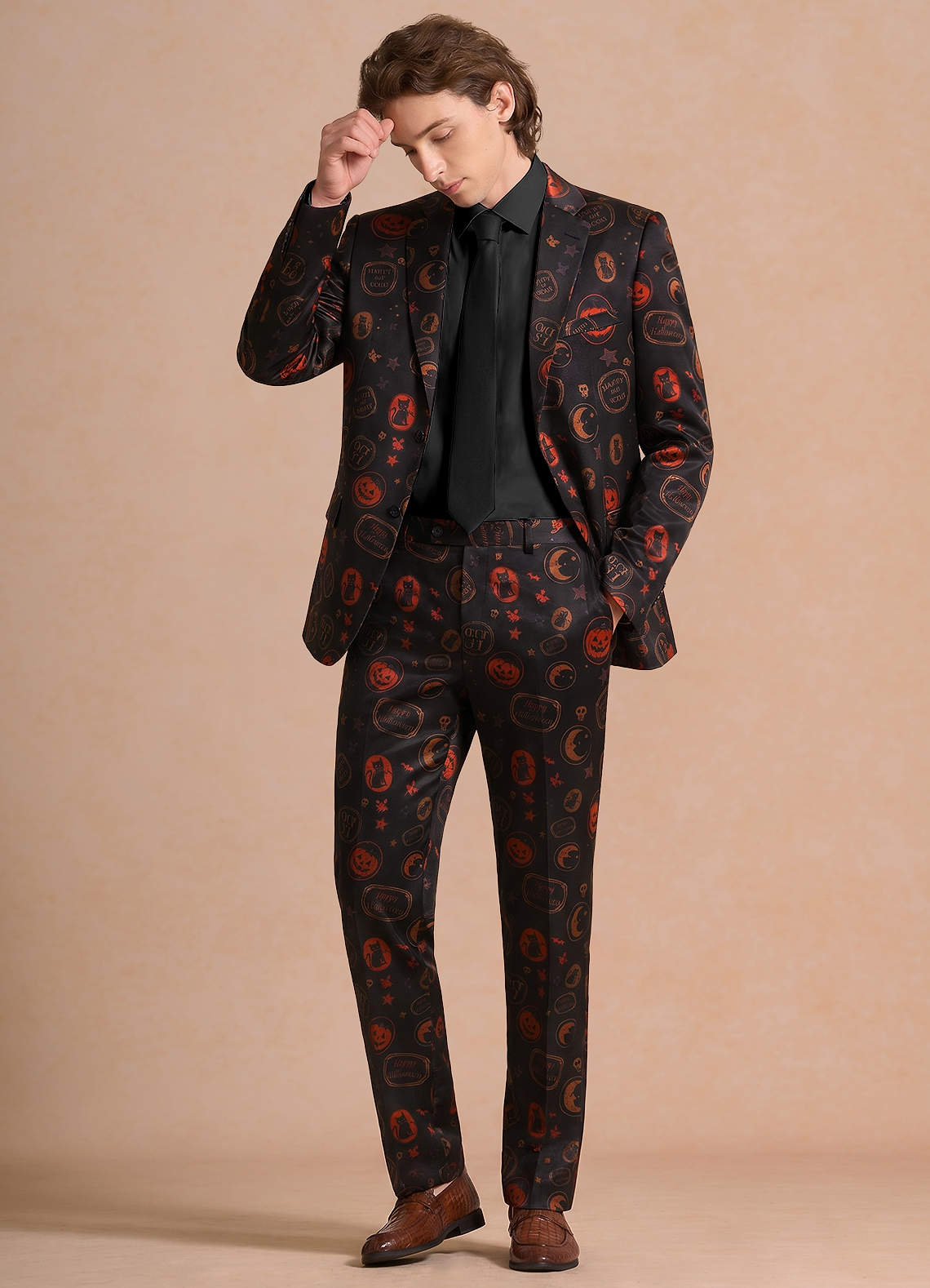 front Caleb Black Vintage Halloween Print Suit