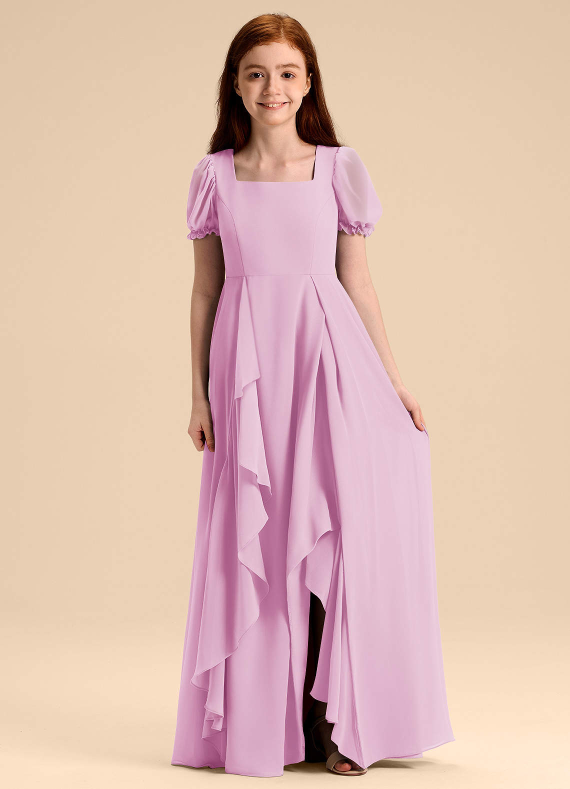 Azazie Priya Junior Vestido de Rosa Caramelo de Gasa de Corte en A con Blusón image1
