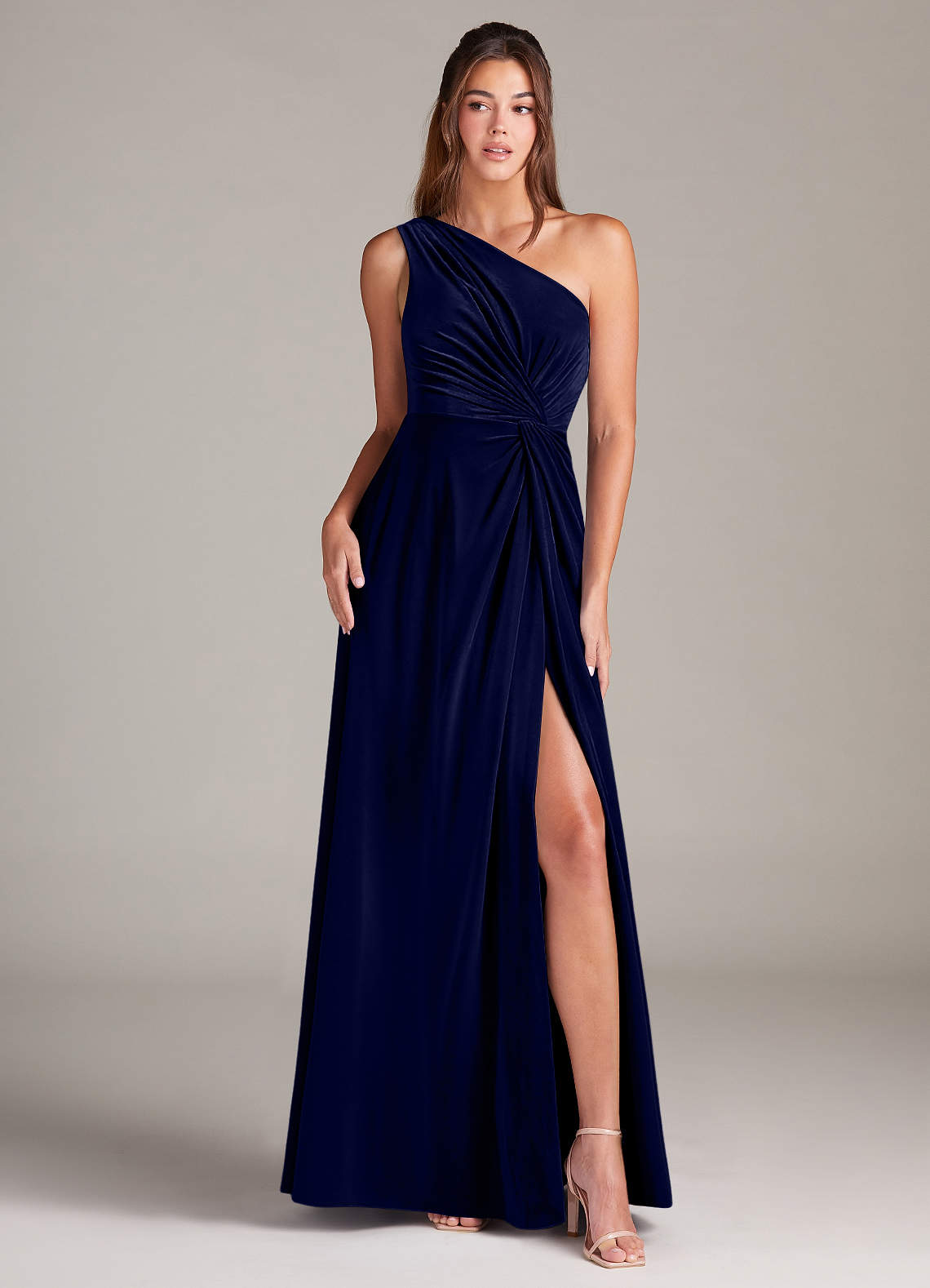 Azazie Brooke Bridesmaid Dresses Dark Navy A-Line One Shoulder Velvet Dress image1