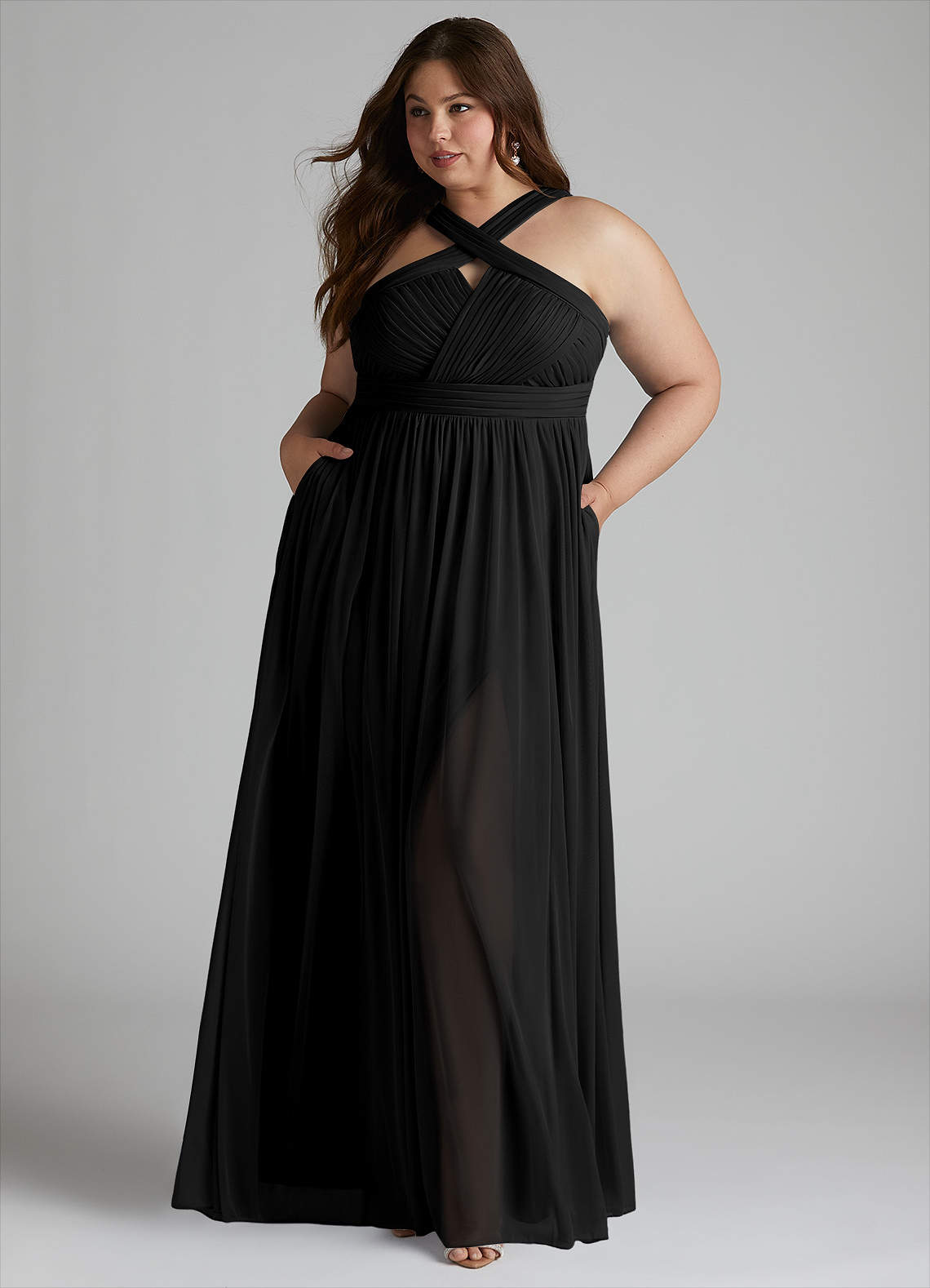 Azazie Hillian 신부 들러리 드레스 A라인 주름진 망사 바닥 길이 드레스 image1