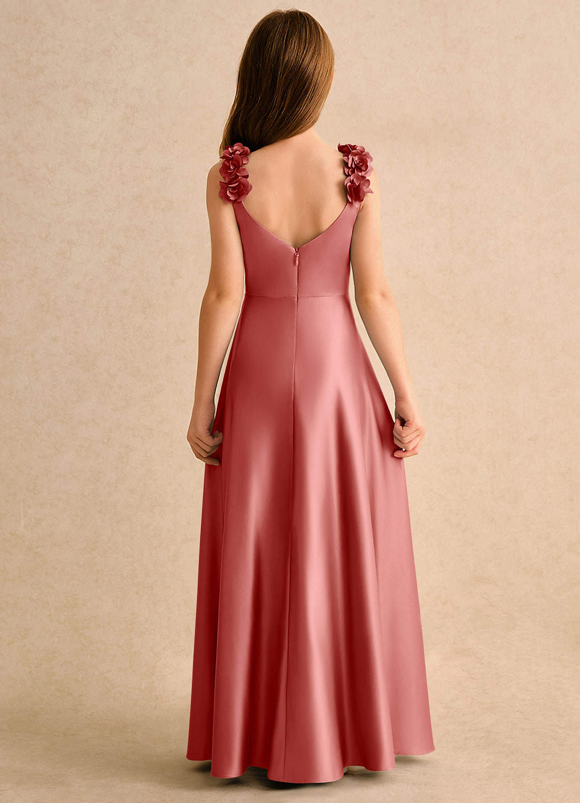 Azazie Rosita Girls Formal Vestidos de florista Vestido Rosa Antiga de Cetim fosco de Linha A com Plissado image3
