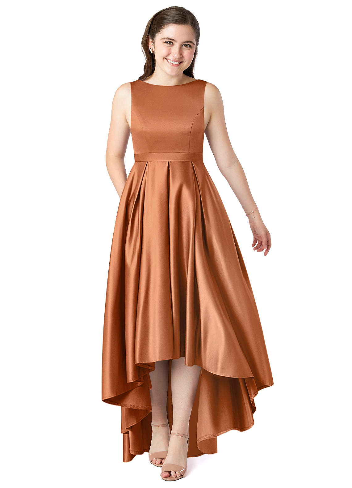 Azazie Inaya Junior Copper A-Line with Belt Stretch Satin Dress image1