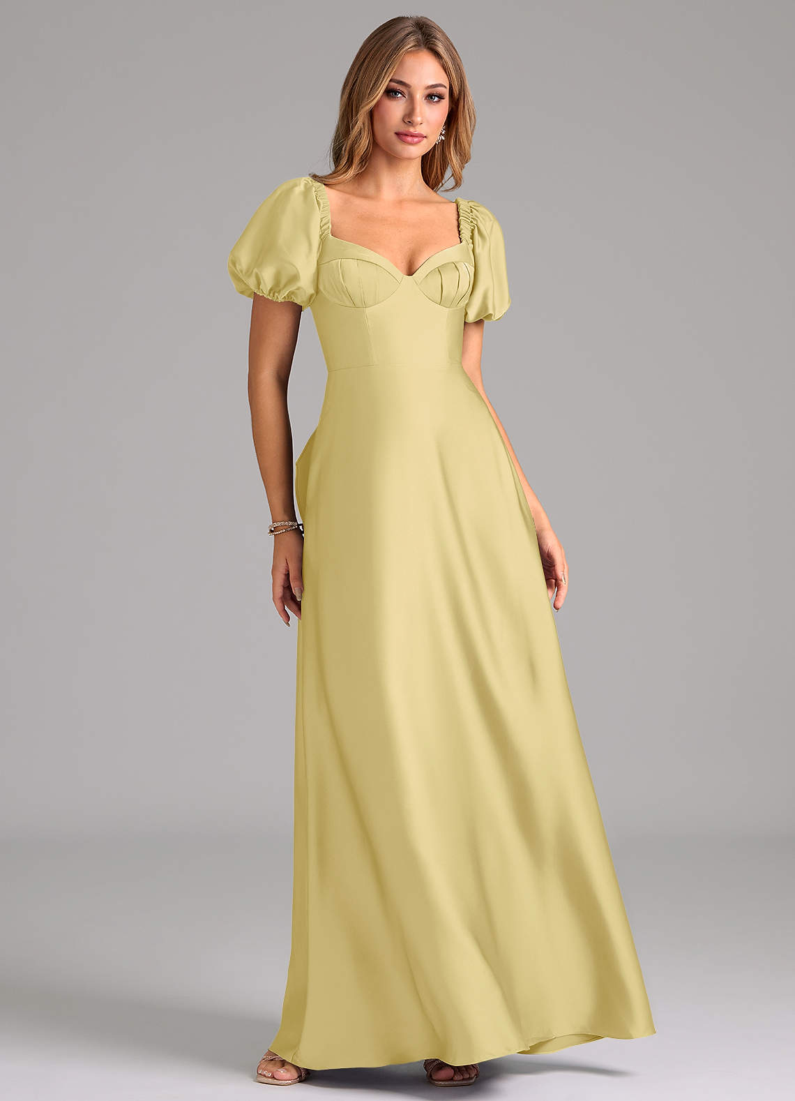 Azazie Fatima Robes de demoiselle d'honneur Robe Trapèze en Satin extensible Plissée Sorbet Citron image1