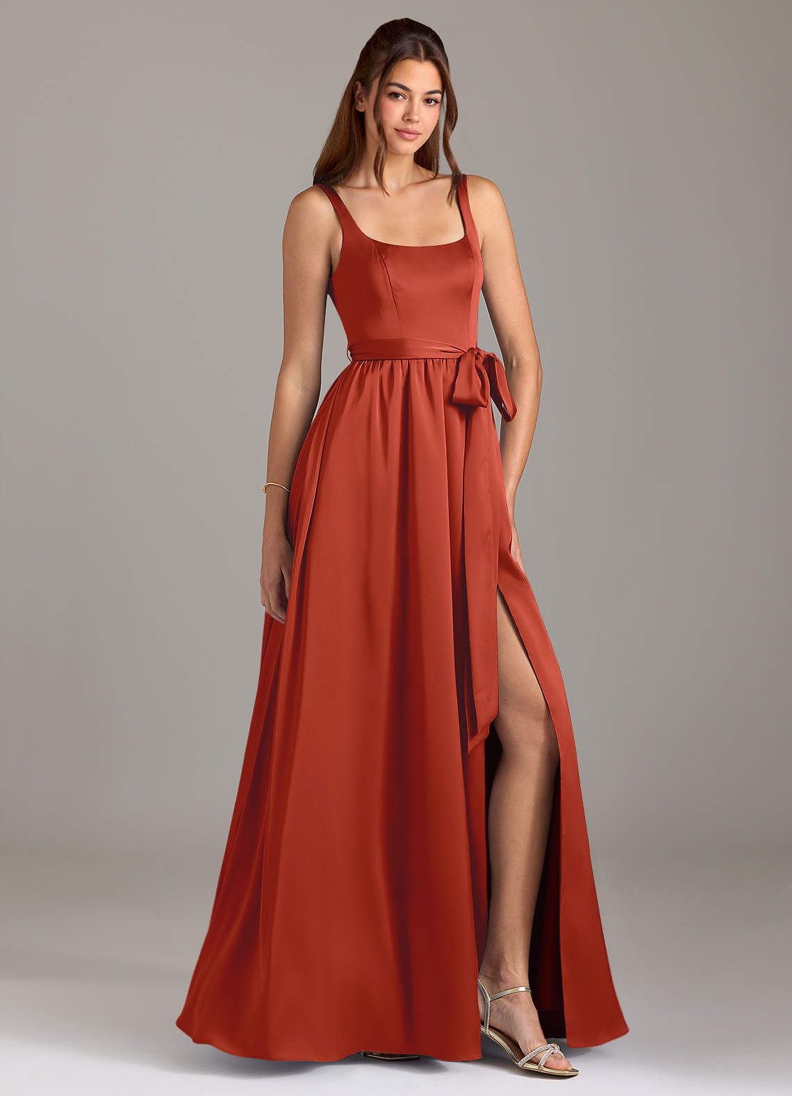 Azazie Elliott Bridesmaid Dresses Rust A-Line with Pockets Stretch Satin Dress image1