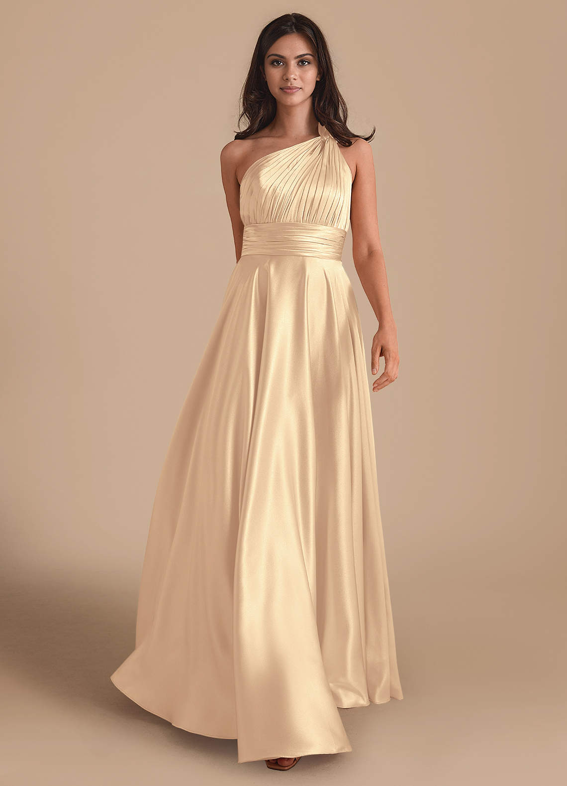 Azazie Charlize Bridesmaid Dresses Gold A-Line One Shoulder Metallic Satin Dress image1