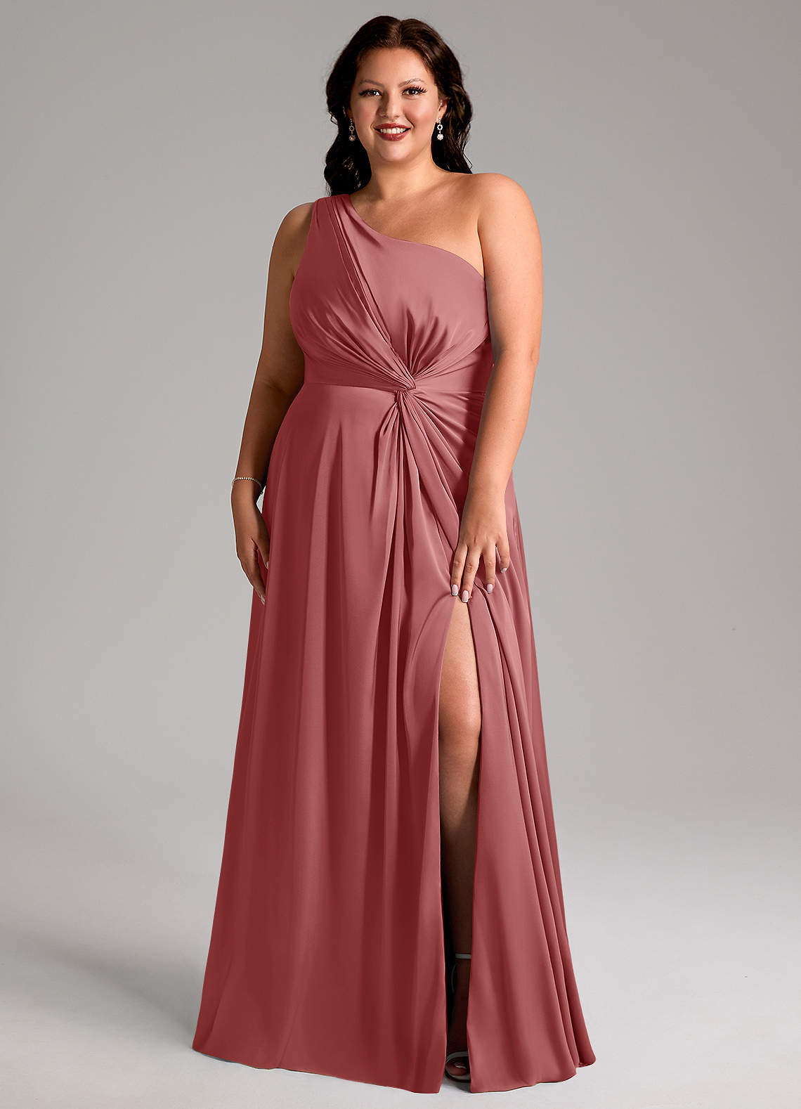 Azazie Brooke Robes de demoiselle d'honneur Robe Trapèze en Satin extensible Une épaule Antique Rose image8