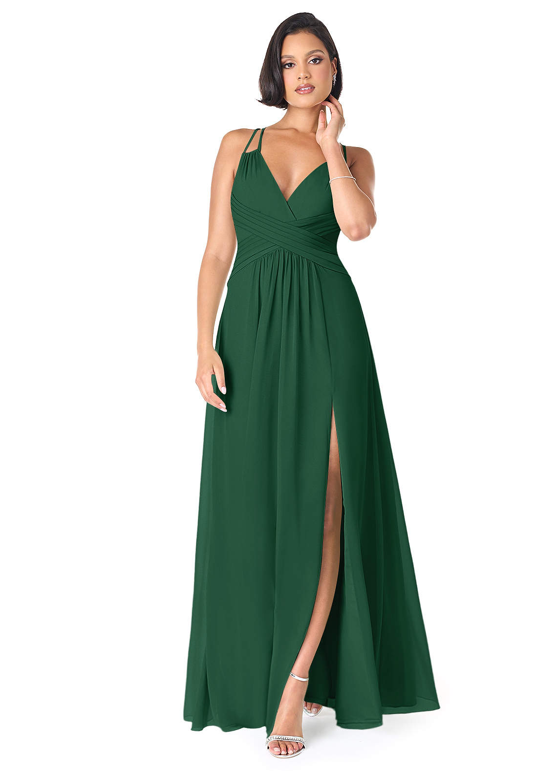 Azazie Farren Vestidos de damas de honor Vestido de Verde Oscuro de Gasa de Corte en A Convertible con Plisado image1