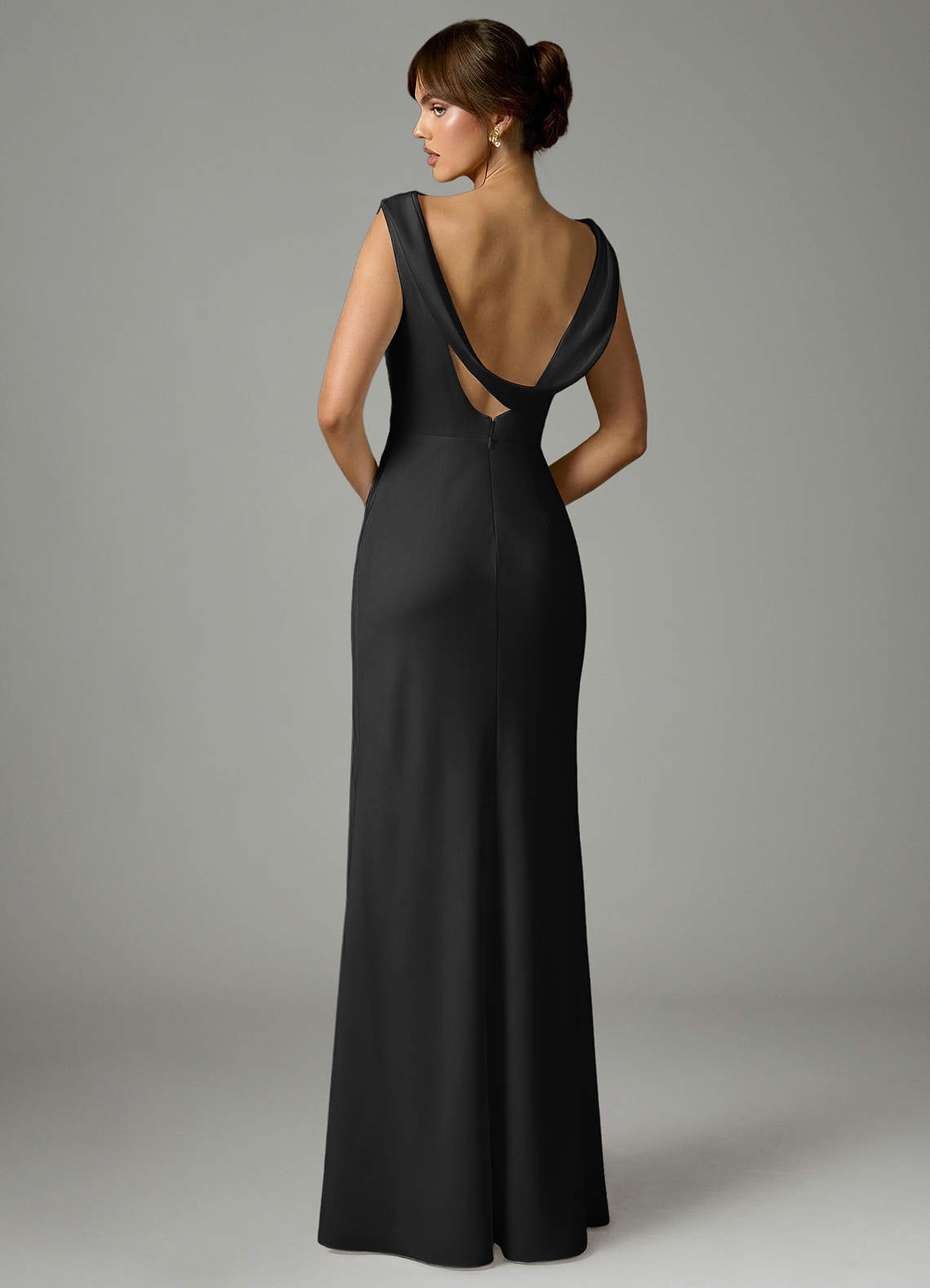 Azazie Kieryn At-home Try On Dresses Black Mermaid Pleated Stretch Satin Dress image4