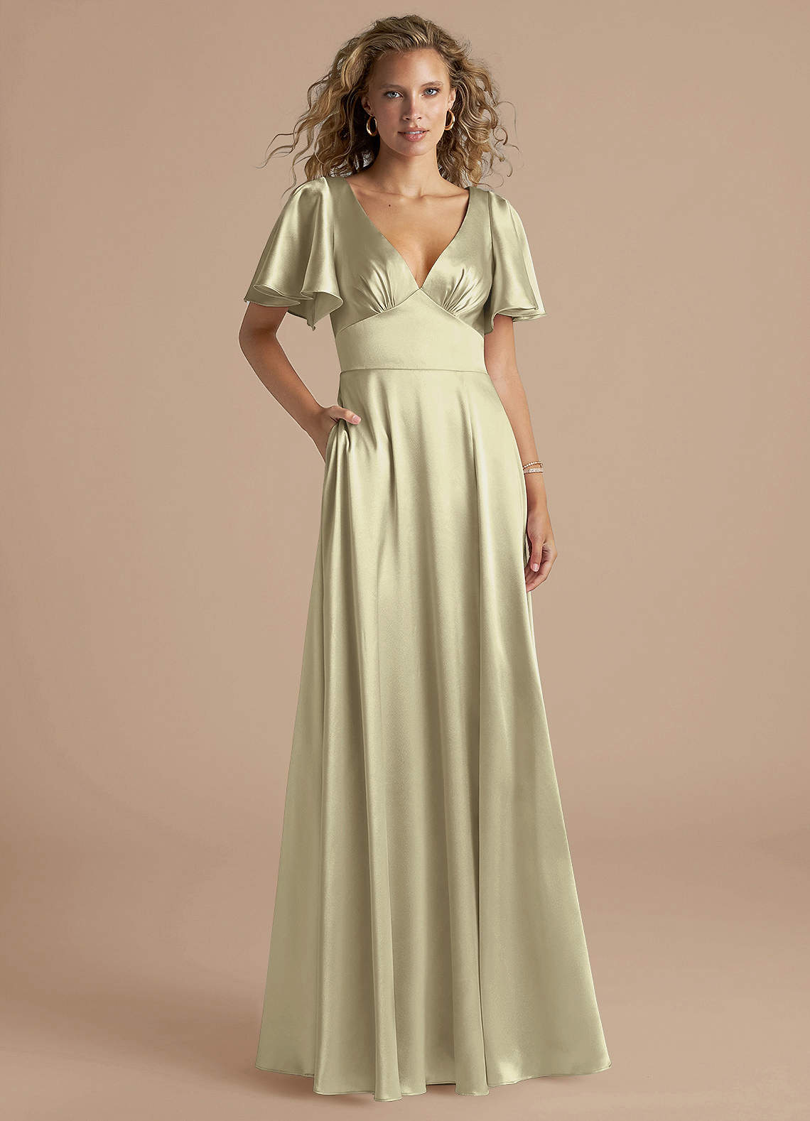 Azazie Kimber Bridesmaid Dresses Moss Green A-Line Ruched Metallic Satin Dress image1