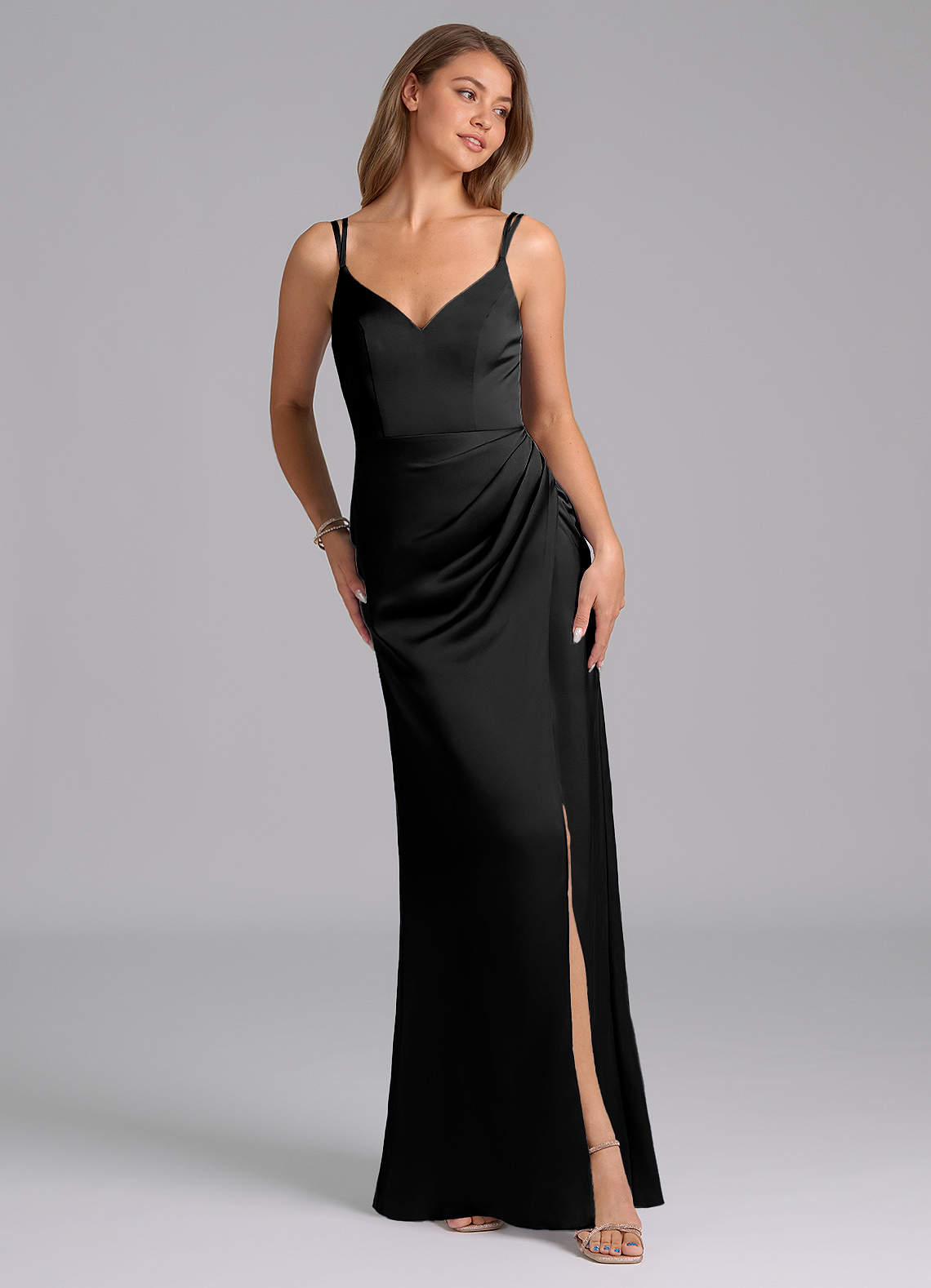 Azazie Leo Ready to Ship Black Stretch Satin Bridesmaid Dresses