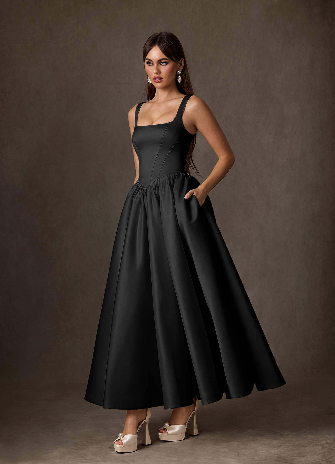 Azazie Verina Wedding Dresses Black A-Line with Pockets Satin Dress image3
