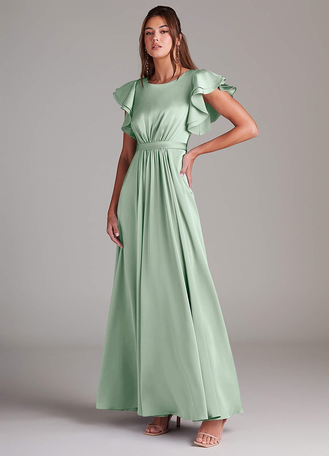 Azazie A-Line Scoop Neck Floor-Length Stretch Satin Modest Bridesmaid Dresses - Agave