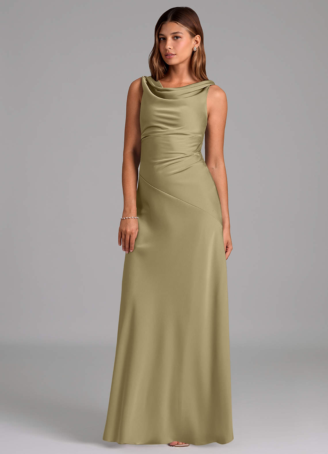 Azazie Nerine Brautjungfernkleider A-Linie Plissee Stretch-Satin Kleid Moosgrün image1