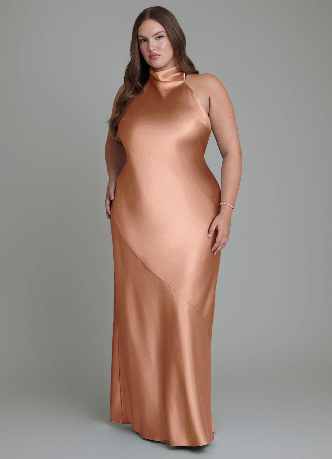 Azazie Velli Bridesmaid Dresses Bronzer Sheath High Neck Metallic Satin Dress image1
