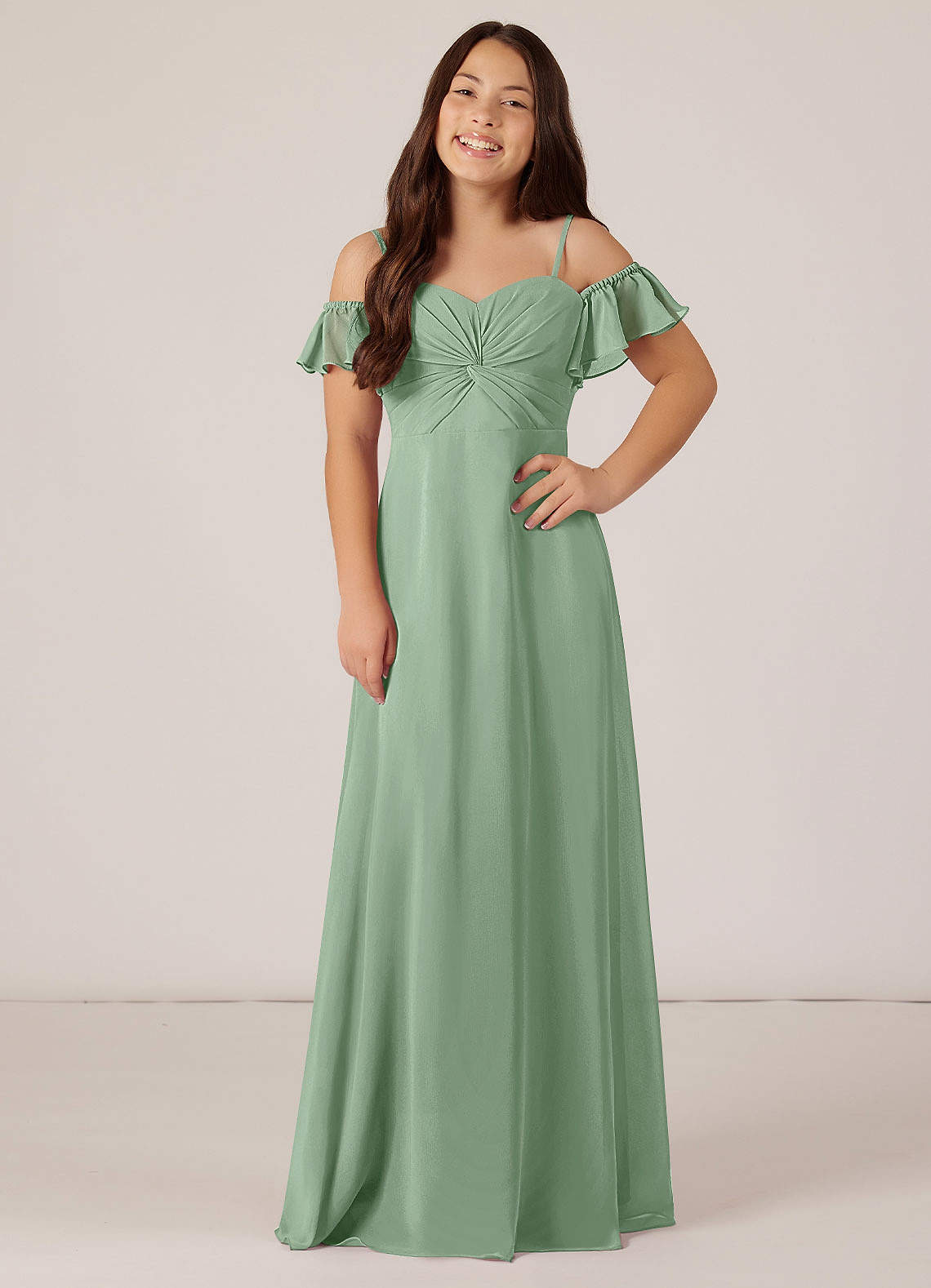 Azazie Juna Junior Matcha A-Line Off the Shoulder Chiffon Dress image1