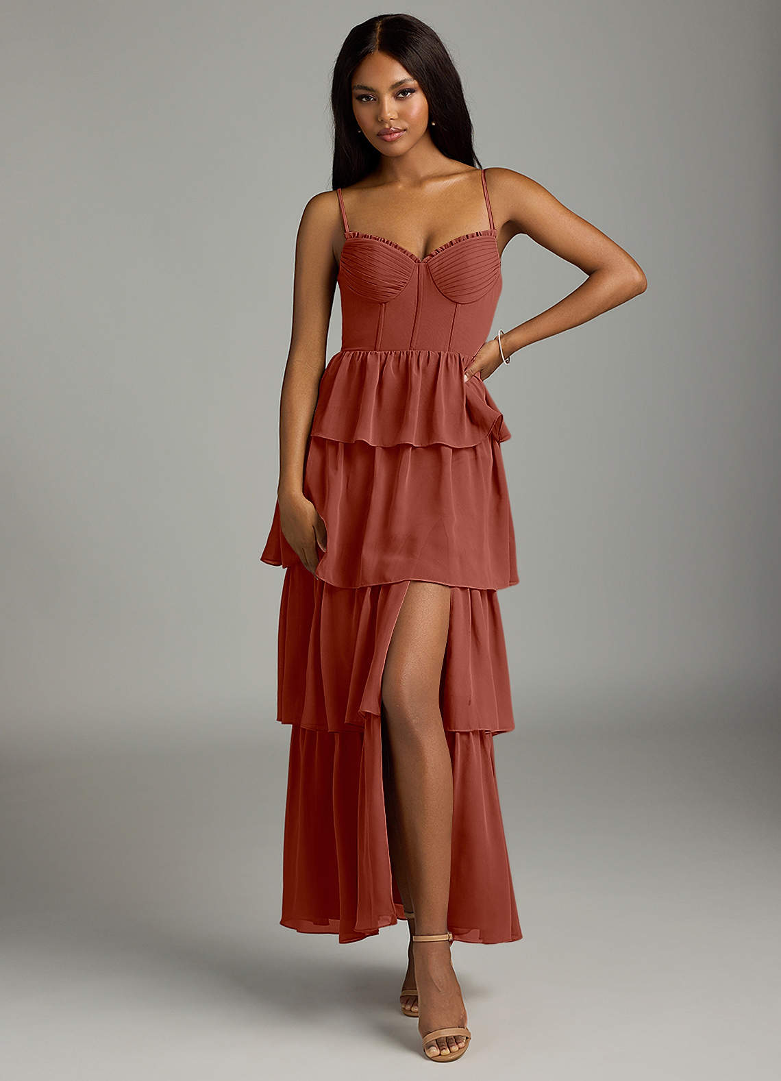 Azazie Kaiden Brautjungfernkleider A-Linie Herzausschnitt Chiffon Kleid Rotbraun image1