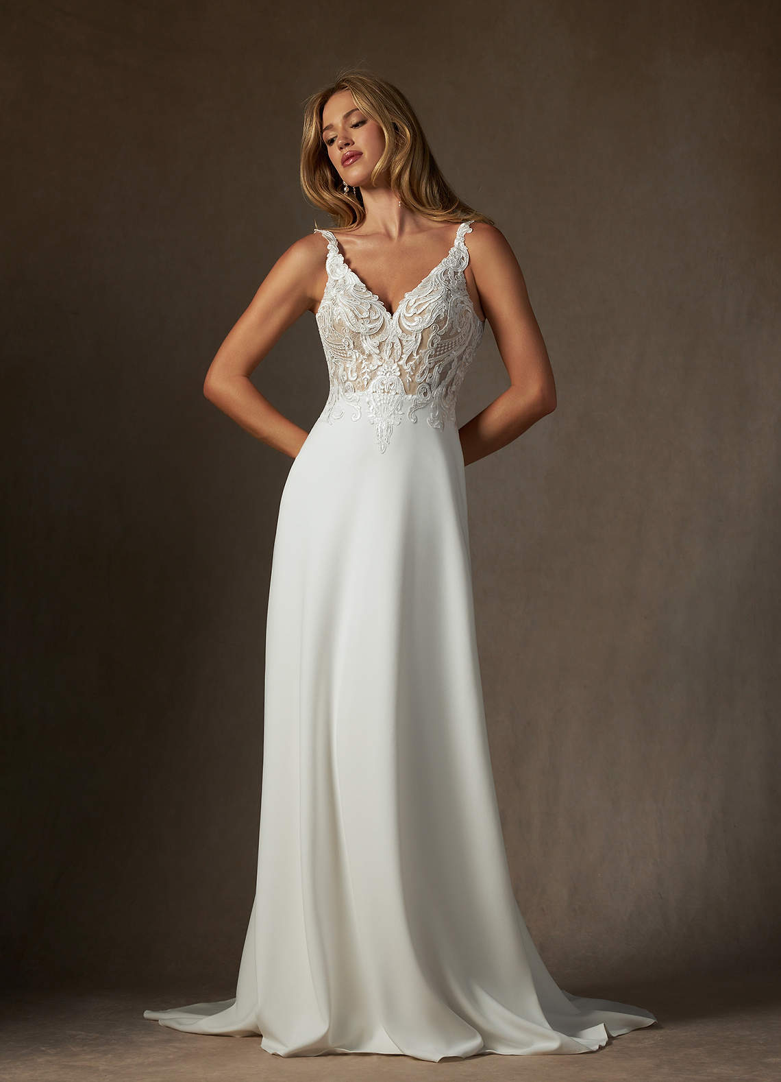 Azazie Clementina Diamond White Nude A-Line V-Neck Sequins Stretch