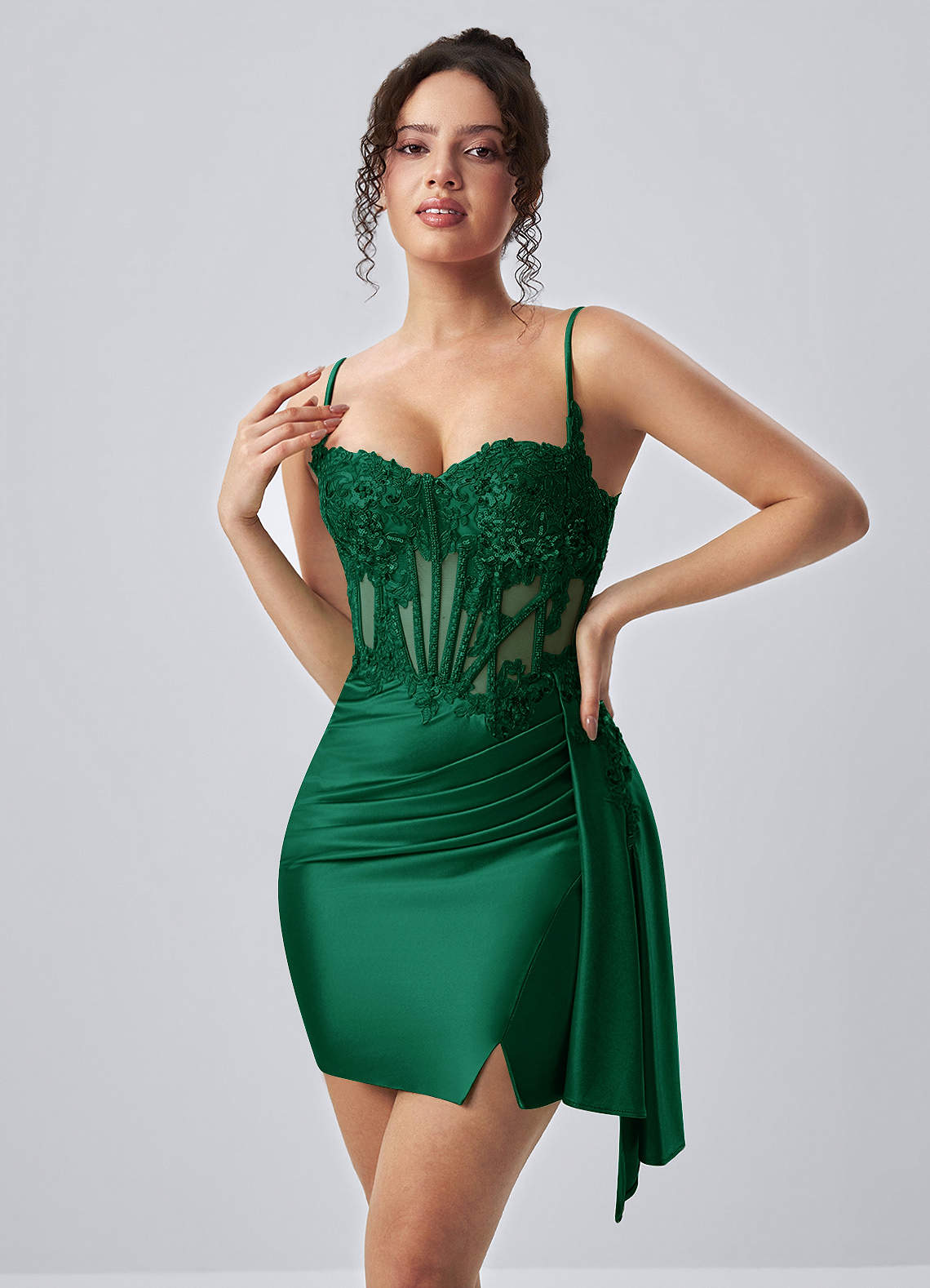 dark green corset mini dress Calisthenia Stretch Satin Lace Rhinestones SizeChart: size_chart_plus_dresses_tops