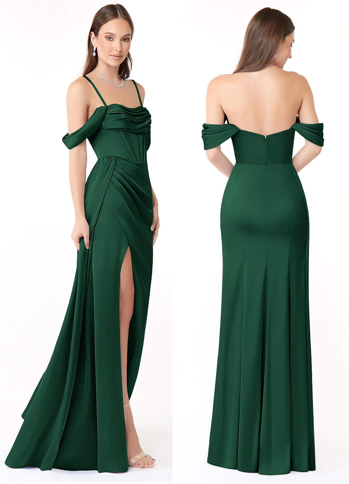 Azazie Amyra Bridesmaid Dresses Dark Green Mermaid Off the Shoulder Stretch Satin Convertible Dress image8