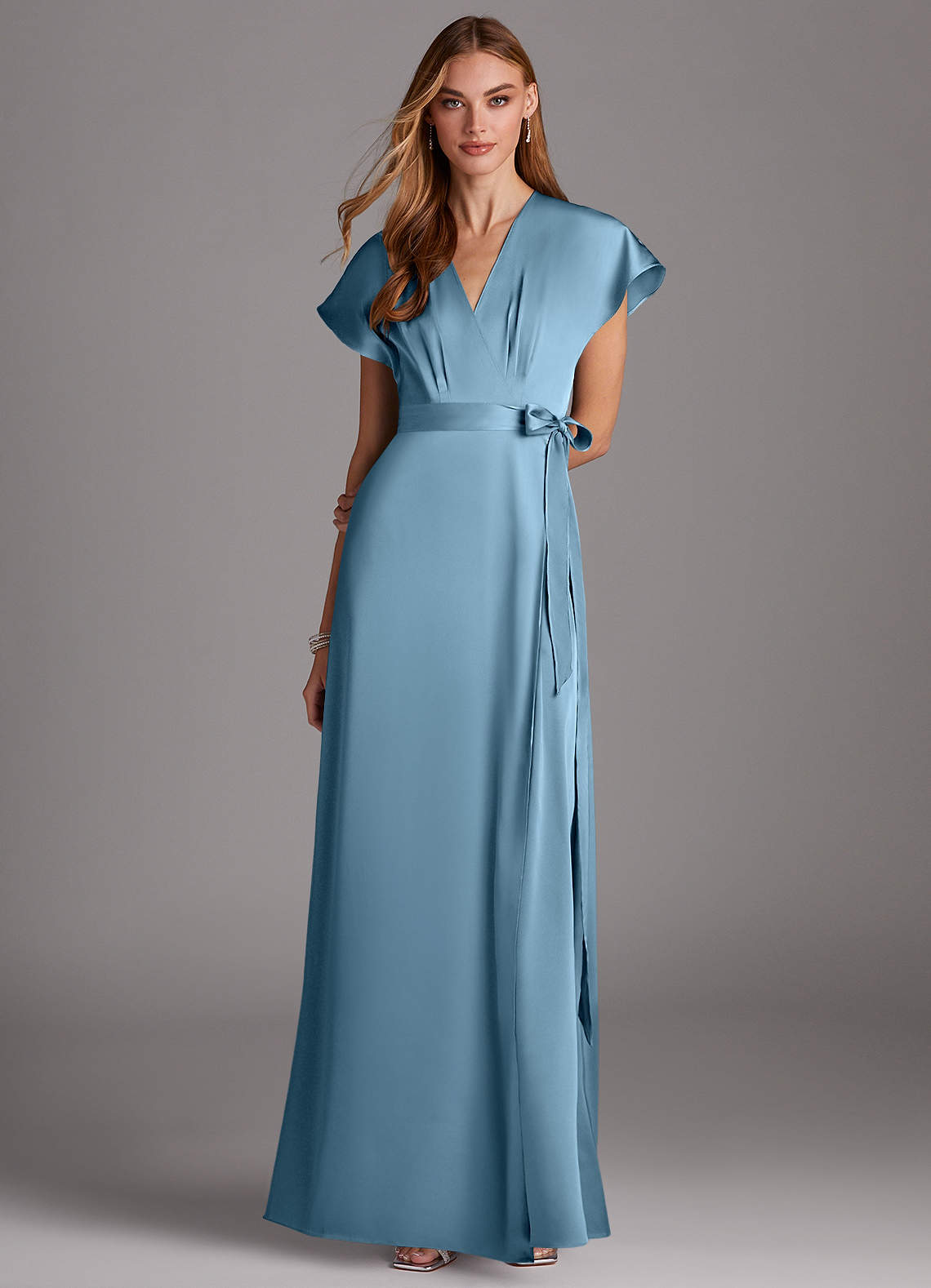 Azazie Nico Bridesmaid Dresses Steel Blue A-Line V-Neck Stretch Satin Dress image1
