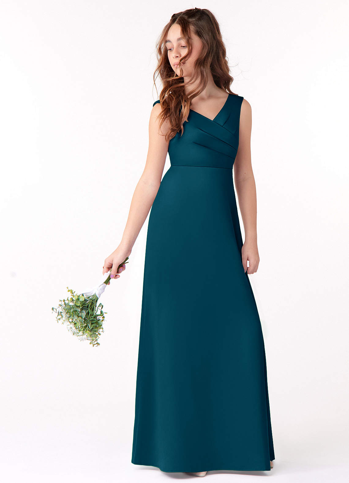 Azazie Sadia Junior Ink Blue A-Line Pleated Stretch Satin Dress image1