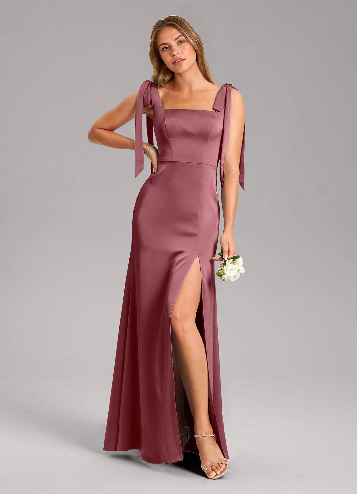 Azazie Frostine Bridesmaid Dresses Desert Rose A-Line Bow Stretch Satin Dress image1