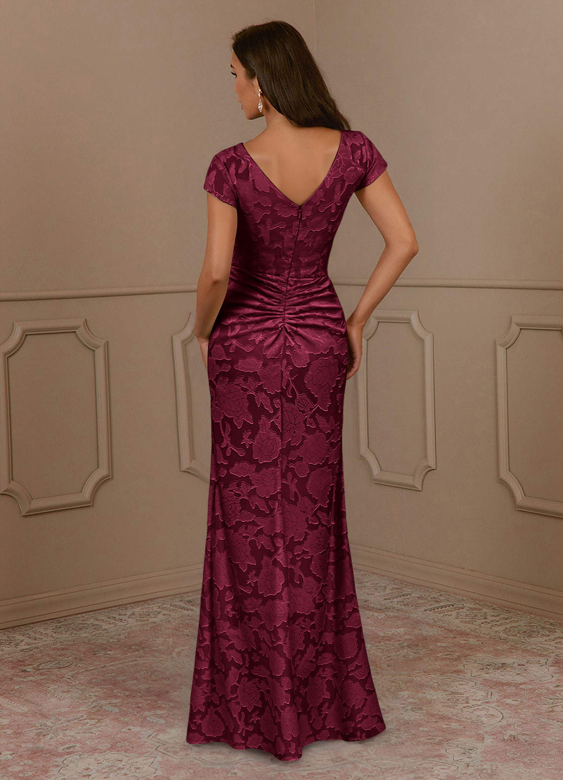 Azazie Roya Mother of the Bride Dresses Burgundy Mermaid Ruched Floral Burnout Dress image3